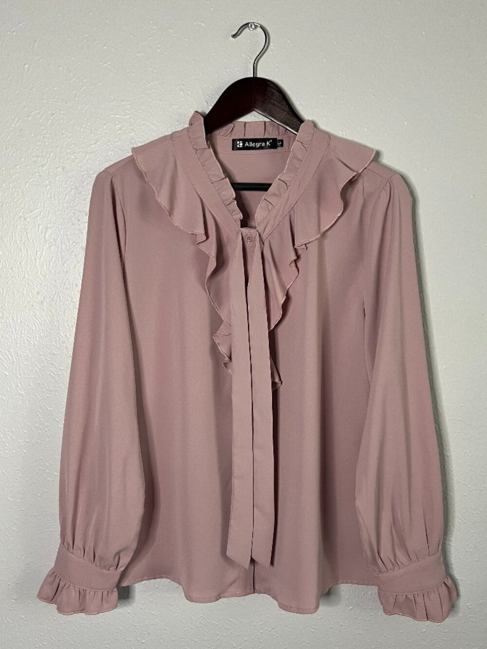 Womens Dusty Blush Pink Blouse Top Ruffle Tie Neck Bow Victorian Style Size L
